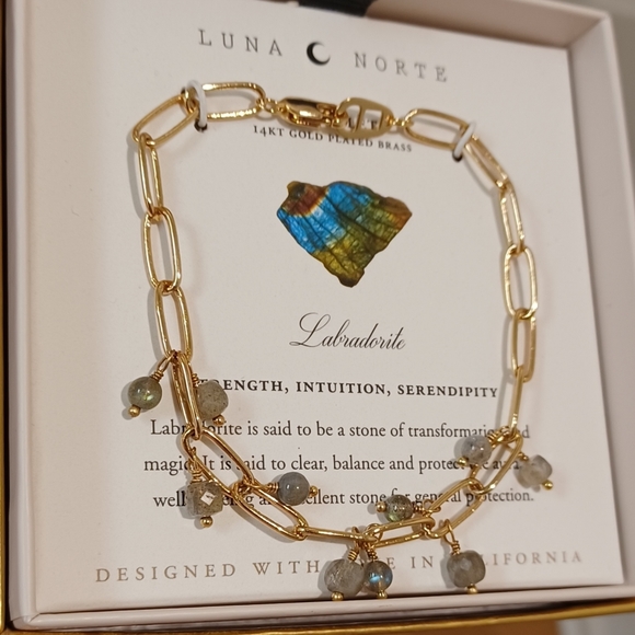 LUNA NORTE 14KT GOLD PLATED BRASS LABRADORITE GEMSTONES DANGLE CHAIN BRACELETCo - Picture 3 of 6